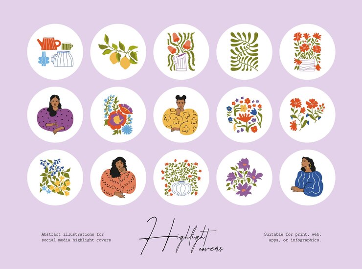 Set of hand drawn line art boho style vector illustrations for social media highlight story