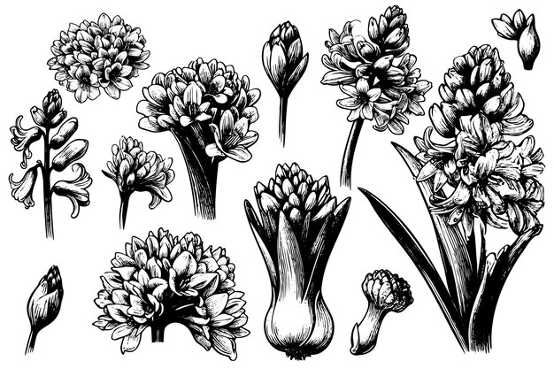 Set hand drawn line art flowers spring hyacinth for easter decor garden backgrounds floral design