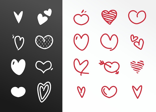 set of hand drawn linear and filled heart shapes and icons for romantic love and weeding purpose