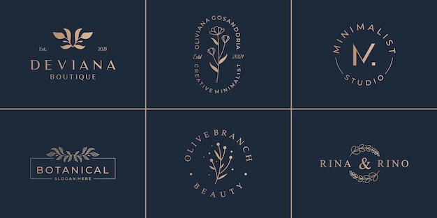 set of hand drawn logotypes. vintage emblem for beauty minimalist logo template.