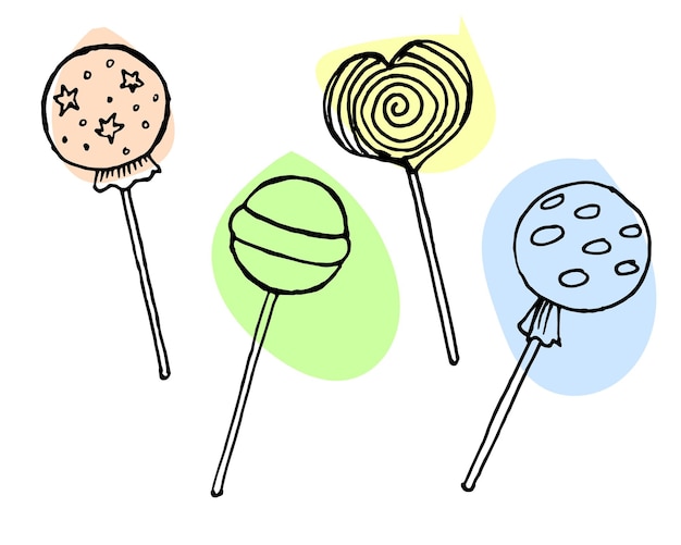 Set of hand drawn lollipops, sketch, outline drawing. Food illustration, vector