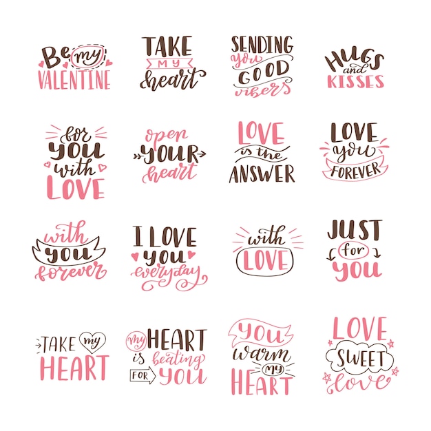 Set di citazioni di amore disegnati a mano. scritte sull'amore