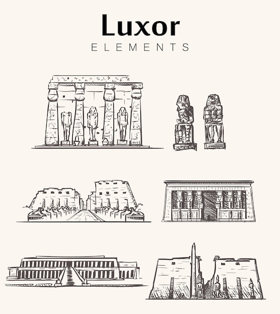 Insieme di edifici di luxor disegnati a mano