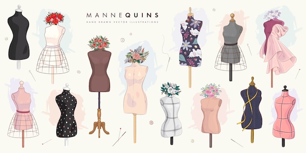 Set of hand drawn mannequins and flowers