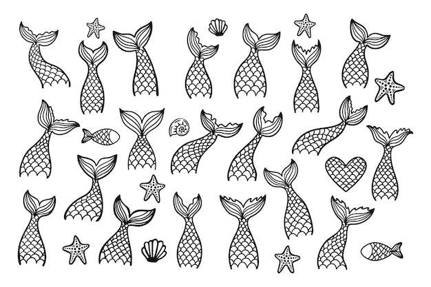 Set of hand drawn mermaid tails in doodle style.