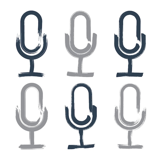 Set of hand-drawn microphone icons, brush drawing multimedia signs, collection of original hand-painted on air signs isolated on white background.