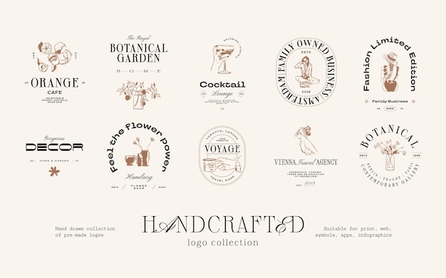 Vector set of hand drawn minimalist pre-made logos to create brand identity or packaging design