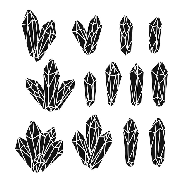 Set of hand drawn monochrome quartz crystals