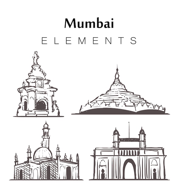 Insieme di edifici di mumbai disegnati a mano