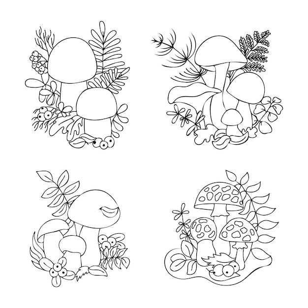 Set of hand drawn mushrooms in cartoon style. Black and white graphic drawing