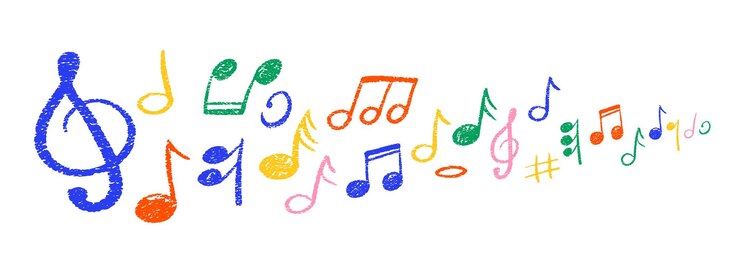 Vector set of hand drawn music notes with crayon pastel or chalk texture monochrome musical notes wave