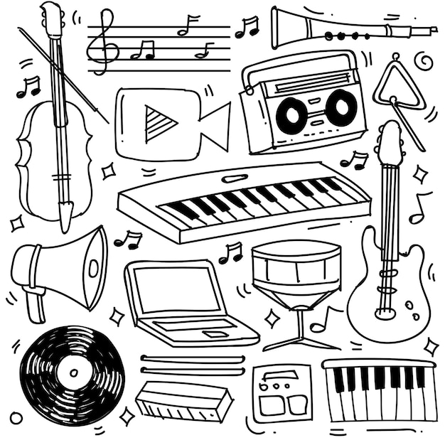 Vector set of hand drawn music theme isolated on white background, doodle set of musical instruments theme. vector illustration