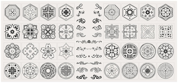 Set of hand drawn oriental elements. Black mandala, Asian traditional design.