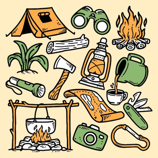 Set of hand drawn outdoor camping elements