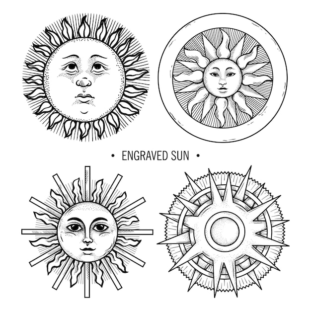 Vettore insieme del sole etnico di contorno disegnato a mano con illustrazione di vettore di stile inciso dell'annata del fronte della donna