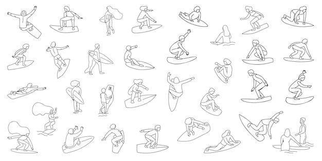 Set of hand drawn outline of man woman kids surfers Girl and boys wave riders in different poses