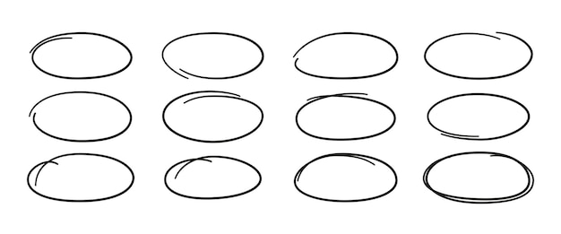 Set of hand drawn ovals. highlight circle frames. ellipses in doodle style.