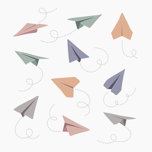 Vector set of hand drawn paper airplanes. symbol of travel and route.