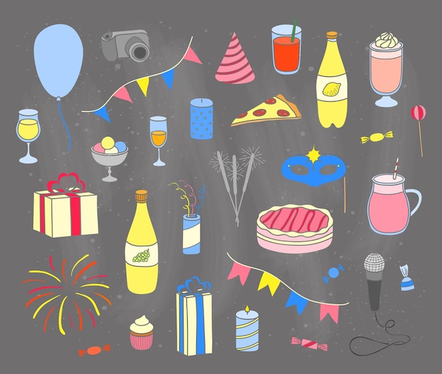 Vector set of hand drawn party items