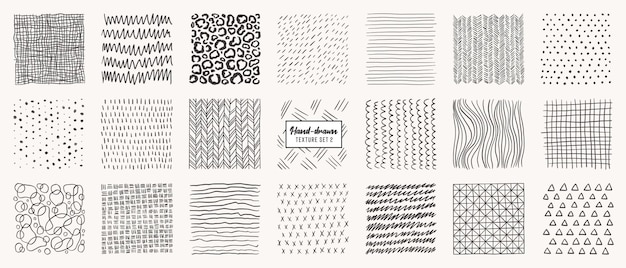 Set of hand drawn patterns isolated.   textures made with ink, pencil, brush. geometric doodle shapes of spots, dots, circles, strokes, stripes, lines.