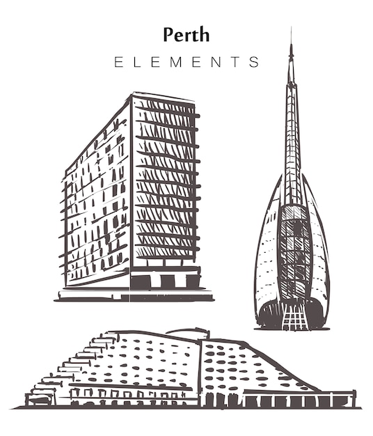 Set of hand-drawn perth buildings