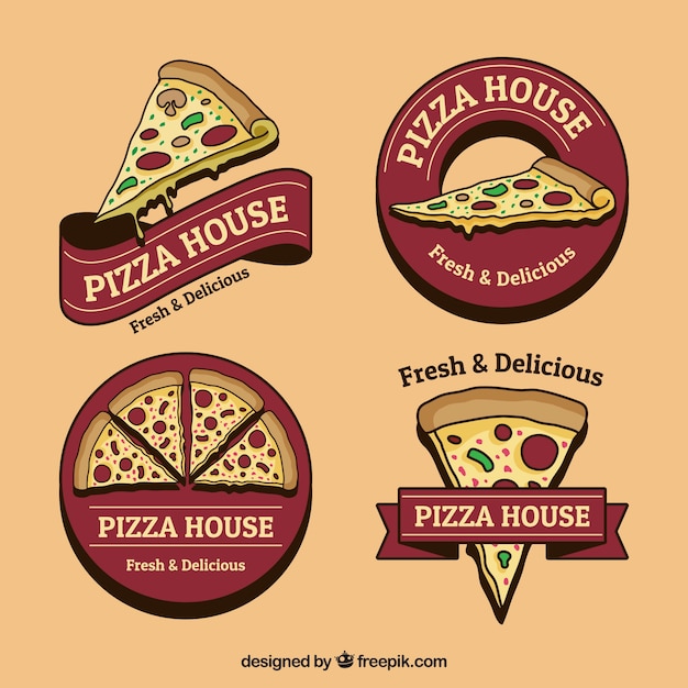 Vettore set di logo di pizza disegnati a mano in stile vintage