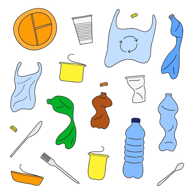 Vector set of hand drawn plastic trash