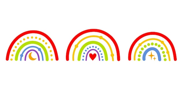 Vettore set di arcobaleni disegnati a mano in stile boho elementi vettoriali su sfondo bianco