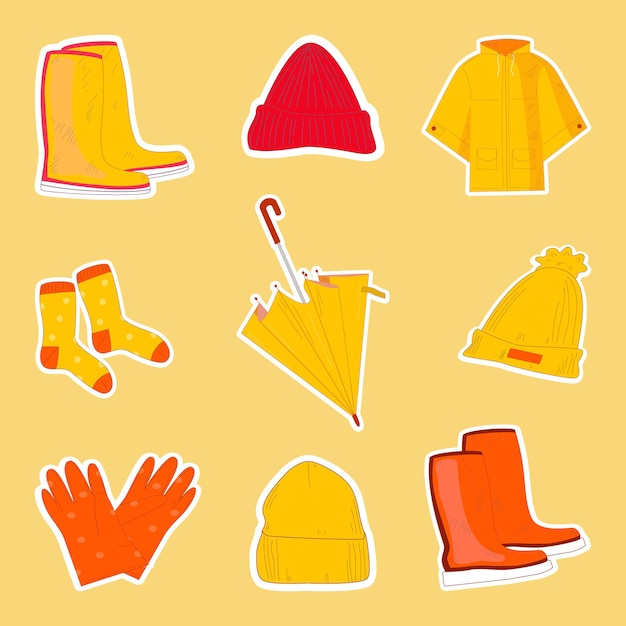 A set of hand drawn rainy weather items