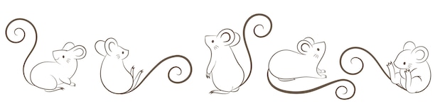 Vettore set di ratti disegnati a mano, topo in diverse pose, stile doodley del fumetto.