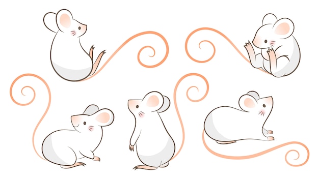 Vettore set di ratti disegnati a mano, topo in diverse pose. illustrazione vettoriale, cartone animato stile doodley.
