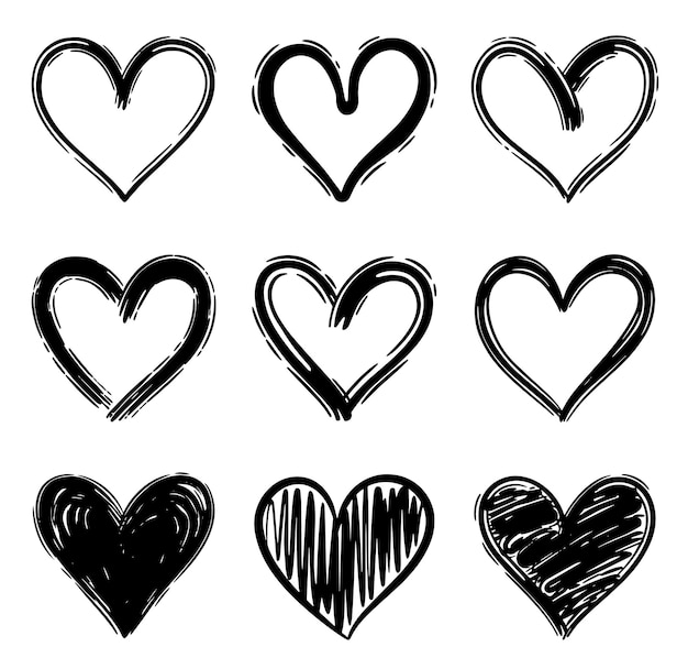 Set of hand drawn red hearts Brush strokes Vector design elements isolated on white background