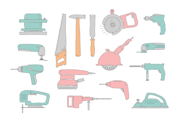 Set di strumenti di carpenteria per ristrutturazioni di riparazione disegnati a mano