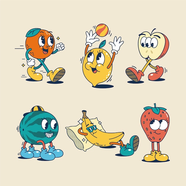 Vector set of hand drawn retro cartoon fruits