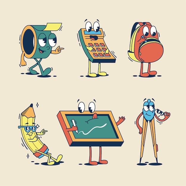 Set of hand drawn retro cartoon stationery