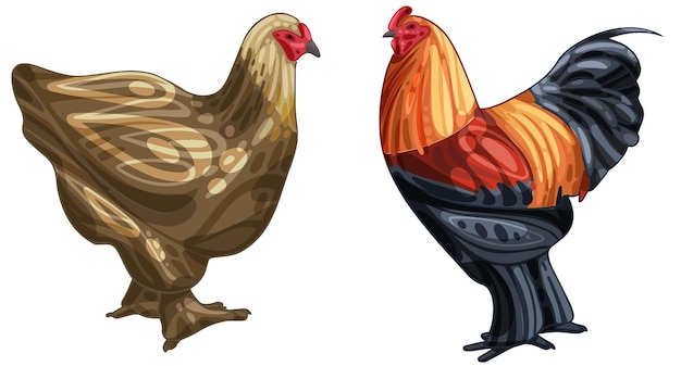 Set of hand drawn rooster and a chicken The breed of gold brahma