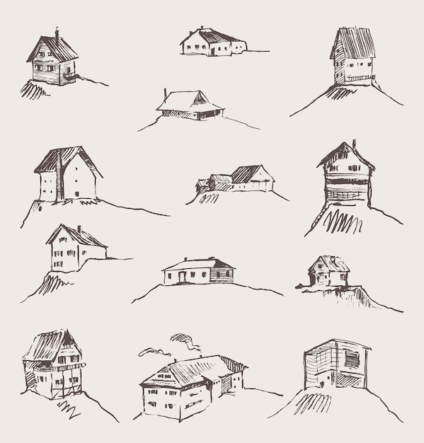 Vector set of hand drawn rural houses, vector illustration