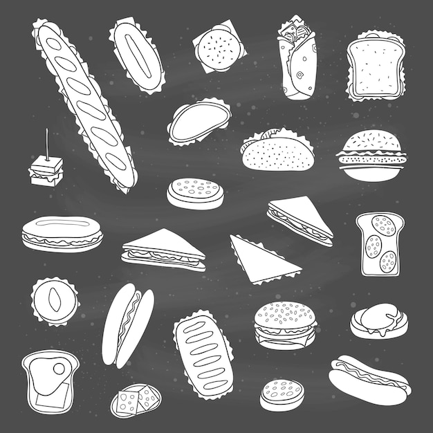 Set of hand drawn sandwiches and burgers