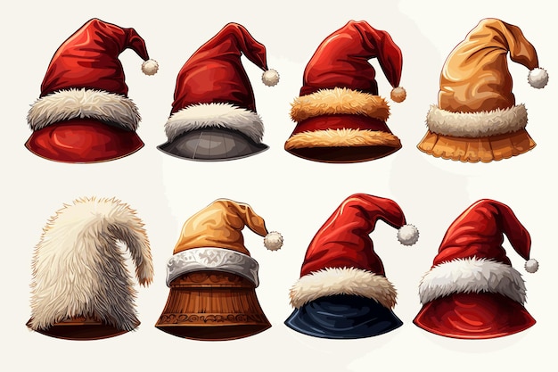Set di modello di raccolta cappello rosso di babbo natale disegnato a mano per l'illustrazione del cappello di babbo natale