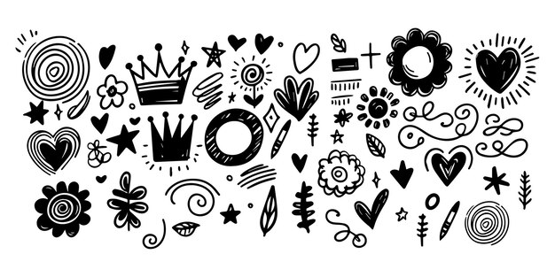 Vector set hand drawn scribbles element collection of star heart crown flower