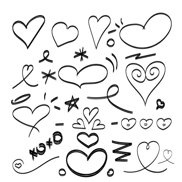 Vettore set di scarabocchi di cuori disegnati a mano su sfondo bianco vector of love scarabocchi fatti con pennello