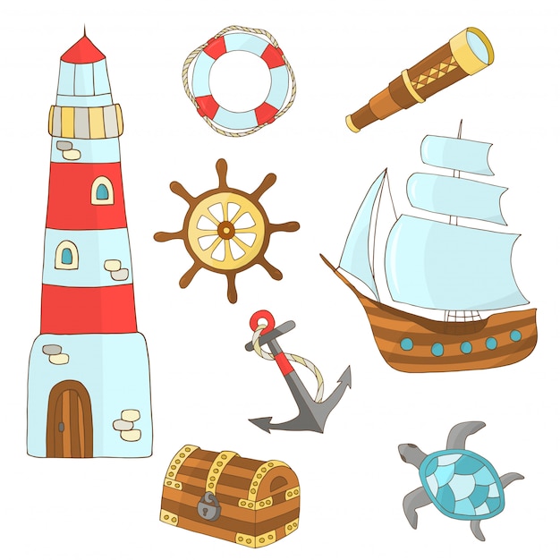 手描きの海のテーマのセット