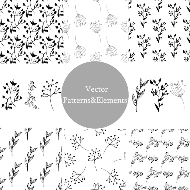 Set di modelli senza soluzione di continuità disegnati a mano e elementi a foglia