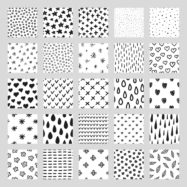 Set of hand drawn seamless patterns with textures