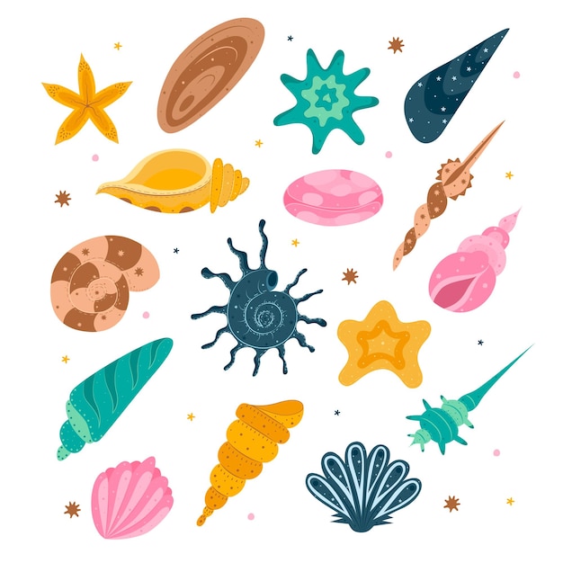 Set di conchiglie e stelle marine disegnate a mano conchiglie di molluschi di varie forme illustrazione vettoriale