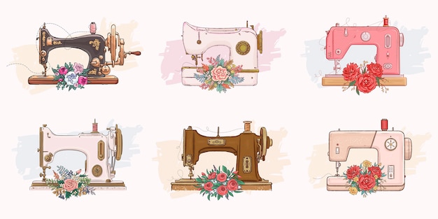 Vector set of hand drawn sewing machines