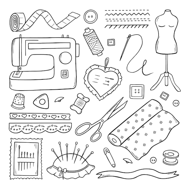 Vector set of hand drawn sewing and needlework doodle.