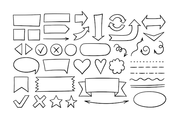 Set of hand drawn shapes - arrows, ovals, rectangles, underlines. Highlight round and square frames. Doodle black hearts and stars. Vector illustration isolated on white background in doodle style