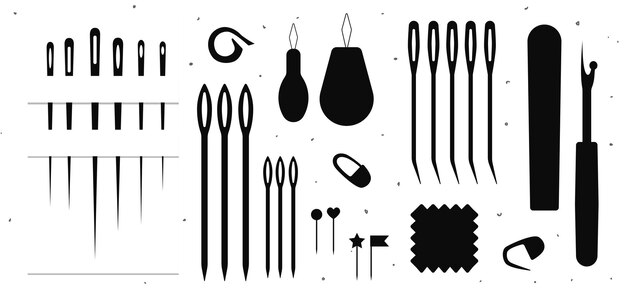 Set of hand drawn shilhouettes of various tools for tailors sewers isolated on white bg