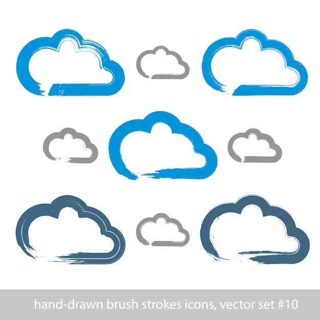 Set of hand-drawn simple stroke vector cloud icons, collection of brush drawing meteorology signs, hand-painted weather forecast symbols isolated on white background.